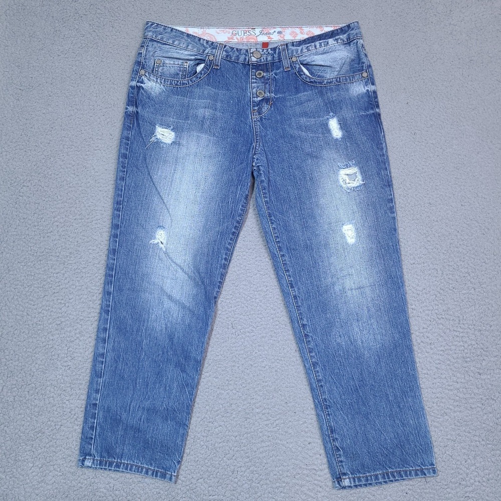 Vintage Guess Jeans Womens Size 31 Blue 35Wx25L Button Fly Boyfriend‎ Distressed
